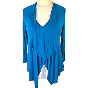 Sunny Leigh Tunic Top Blouse Womens M/L/XL Turquoise Blue V-Neck Cascade Front